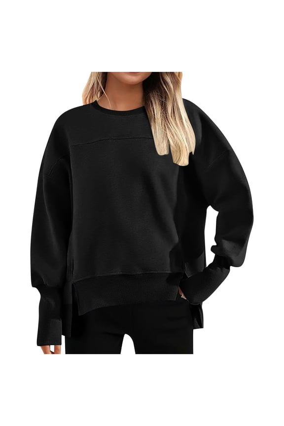 Black Sweatshirt Women Side Split Long Sleeve Pullover Loose Fit Pleated Drop Shoulder Crewneck Casual Tops Fashion Clothing