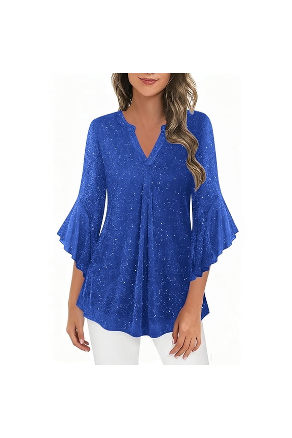 Blouses for Women Ruffle 3/4 Sleeve Elegant Tops Dressy Casual Sparkly V Neck Mesh Shirt Evening Party Outfits