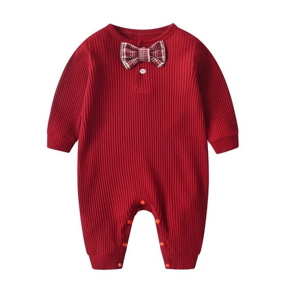 UAMVSH Boy Girls Ribbed Knitted Trendy Bow Knot Holiday Outfits Soft Infant Cotton Long Sleeve Jumpsuit Rompers Baby Bodysuits(0-3 Months,Red)
