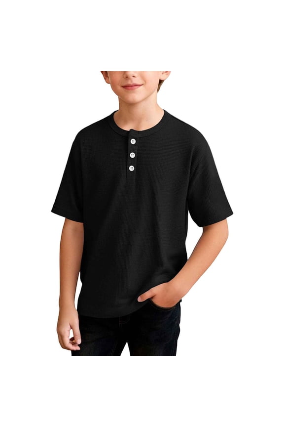 Boy's Henley Shirts Kids Short Sleeve Knit Tops Textured Casual Button T-Shirt Comfy Loose Fit Summer Basic Tees