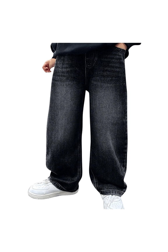 Boys Baggy Jeans Vintage Straight Wide Leg Denim Pants with Pockets Casual Elastic Waist Loose Fit Streetwear Fashion Pants(14-15 Years,Black)