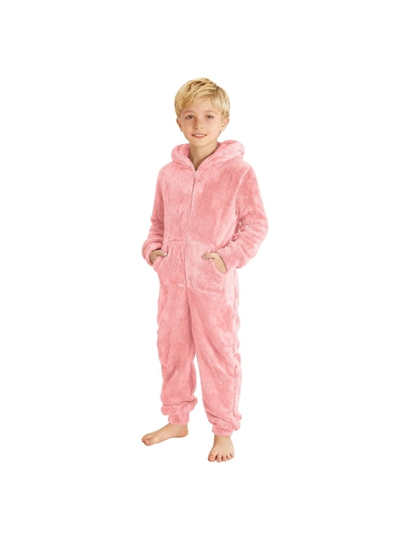 Boys Girls Fleece Jumpsuit Toddler Long Sleeve Hooded Romper One Piece Fuzzy Warm Zipper Onesies with Pockets Winter Clothes 4-14Y