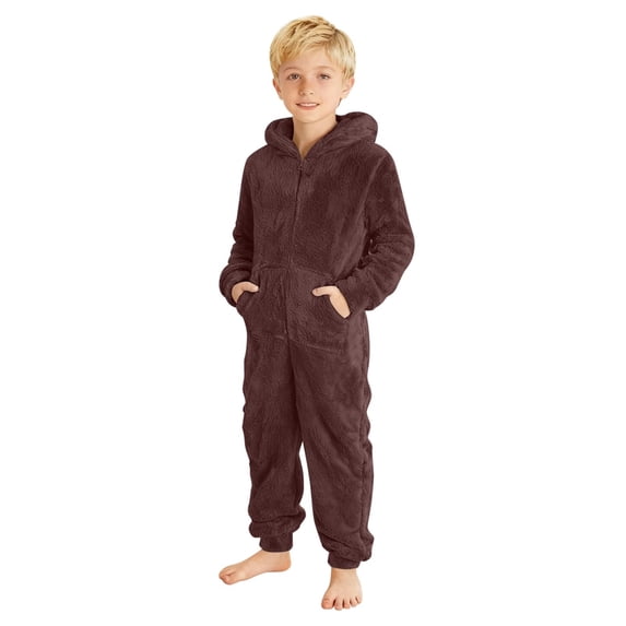 UAMVSH Boys Girls Fleece Jumpsuit Toddler Long Sleeve Hooded Romper One Piece Fuzzy Warm Zipper Onesies with Pockets Winter Clothes 4-14Y