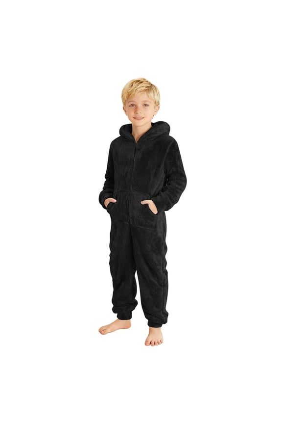 Boys Girls Fleece Jumpsuit Toddler Long Sleeve Hooded Romper One Piece Fuzzy Warm Zipper Onesies with Pockets Winter Clothes 4-14Y