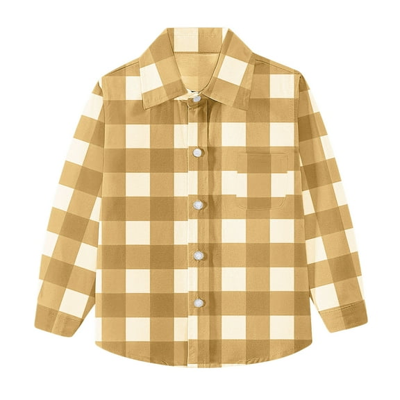 UAMVSH Boys Plaid Button down Shirts Kids Lightweight Long Sleeve Lapel Collar Tops Girls Casual Fall Chest Pockets T-Shirts(2-3 Years,Khaki)
