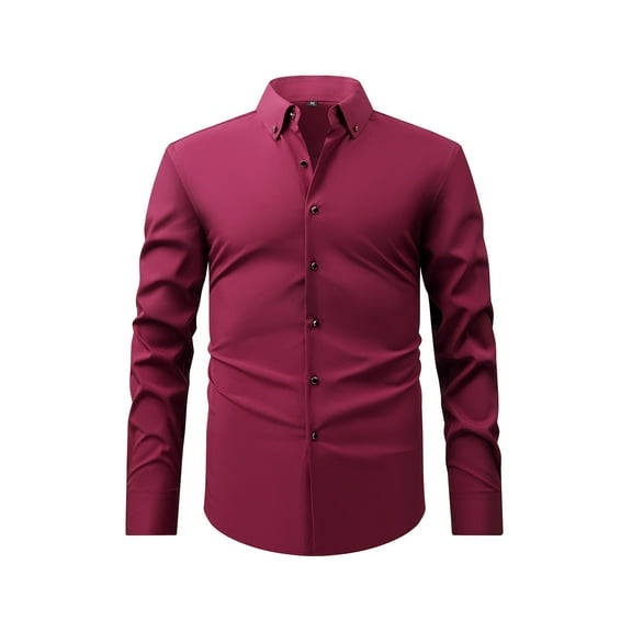 UAMVSH Business Work Blouses for Men Casual Slim Fit Long Sleeve Button down Dressy Shirts Soft Office Lapel Neck Tunic Tops(Small,Wine)