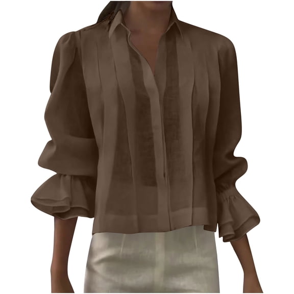 UAMVSH Button Down Shirts for Women Ruffle Lapel Long Sleeve Blouses Dressy Casual Pleated Elegant Crop Tops Trendy Outfits