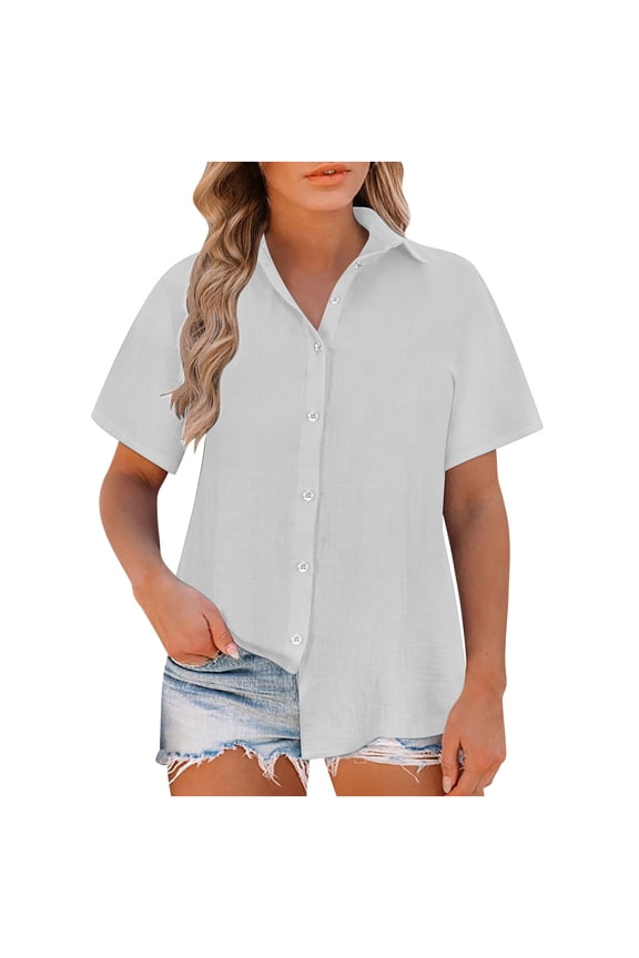 Button down Shirt Womens Short Sleeve Blouses V Neck Collared Button up Summer Beach Tops