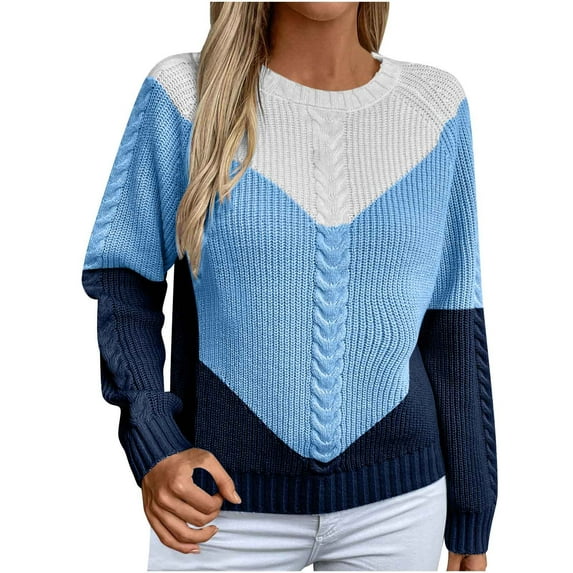 UAMVSH Cable Knit Sweaters for Women Long Sleeve Color Block Sweater Casual Crewneck Pullover Tops
