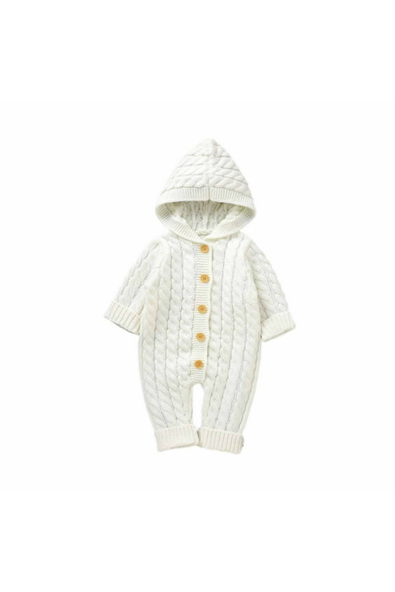 Cable Knitted Jumpsuits for Baby Warm Girls Boys Button down Sweater Rompers with Hood Comfy Ear Winter Onesie Clothes(9-12 Months,White)