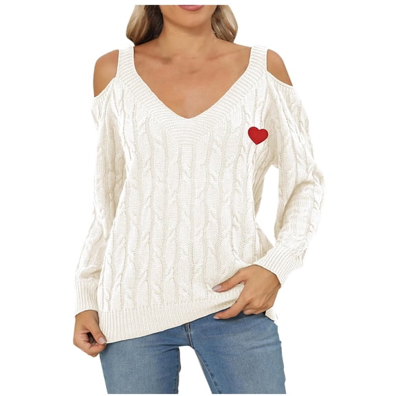 UAMVSH Cable Knitted Sweaters for Women Cute Heart Graphic Knitwear Tops Trendy Cold Shoulder Long Sleeve V-Neck Dressy Pullover Sweaters(X-Large,White)