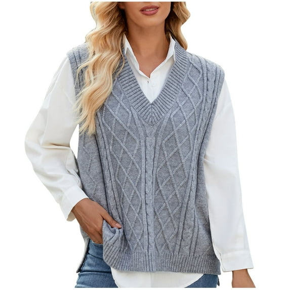 UAMVSH Cable Knitted Sweaters for Women Classic Sleeveless V-Neck Basic Sweater Vests Fashion Side Slit Tank Tops Ladies Fall Pullover(Large,Gray)