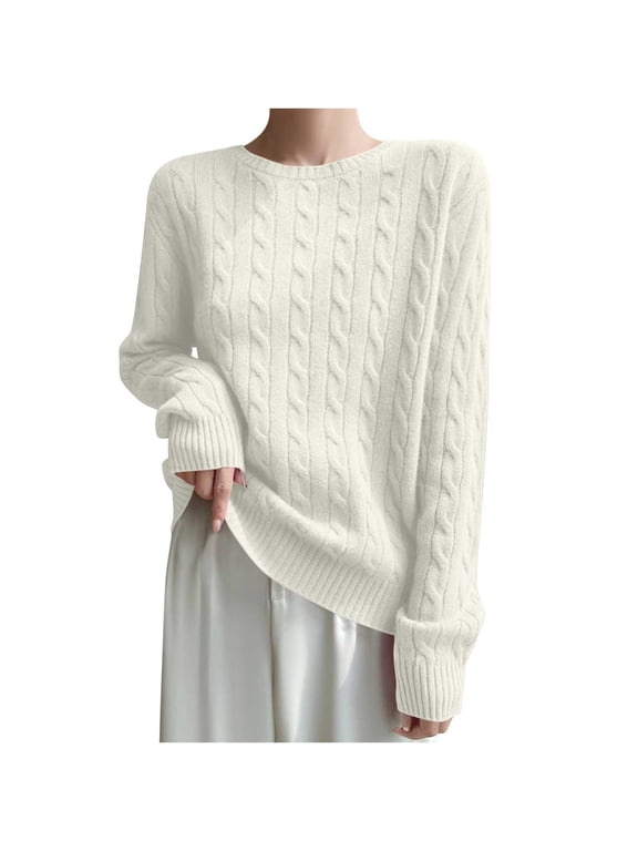 Cable Knitted Sweaters for Women Elegant Crew Neck Long Sleeve Pullover Classic Solid Color Daily Sweaters Fall Lightweight Tops(Medium,White)