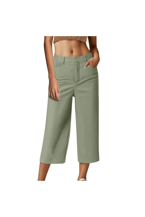 Capri Chino Pants for Women Baggy Wide Leg Casual Business Dress Capris with Pockets Loose Fit Office Work Twill Cropped Trousers