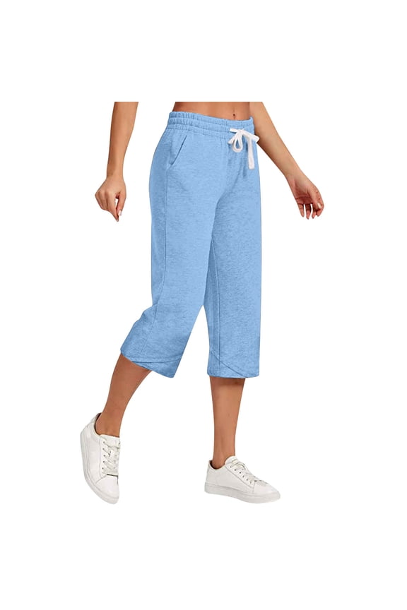 Capri Pants for Women Comfy Cotton Linen Summer Vacation Travel Capris with Pockets High Waist Drawstring Beach Cropped Pants(Large,Light Blue 3)