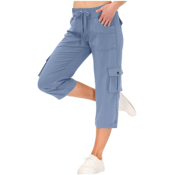 UAMVSH Capri Pants for Women Comfy Cotton Hiking Active Cargo Capris with Pockets Baggy High Waist Outdoor Athletic Cropped Pants(Large,Light Blue)