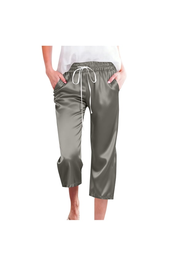 Capri Pants for Women Satin Silk Elastic Waist Cropped Pants Drawstring Wide Leg Lounge Trousers with Pockets