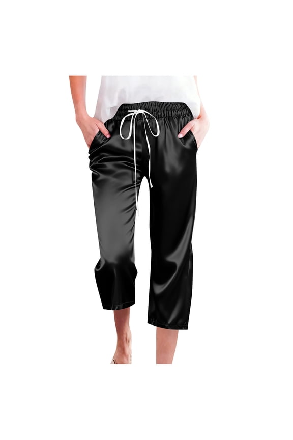 Capri Pants for Women Satin Silk Elastic Waist Cropped Pants Drawstring Wide Leg Lounge Trousers with Pockets