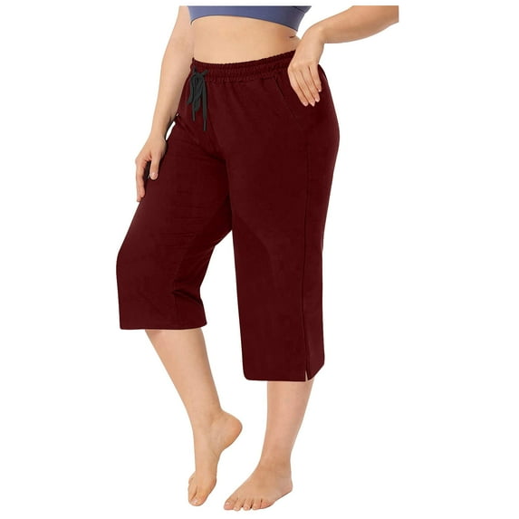 UAMVSH Capri Pants for Women Simple Plus Size Wide Leg Jogger Pants Casual High Waist Drawstring Stretch Cropped Pants with Pockets