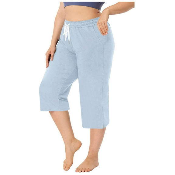 UAMVSH Capri Pants for Women Simple Plus Size Wide Leg Jogger Pants Casual High Waist Drawstring Stretch Cropped Pants with Pockets