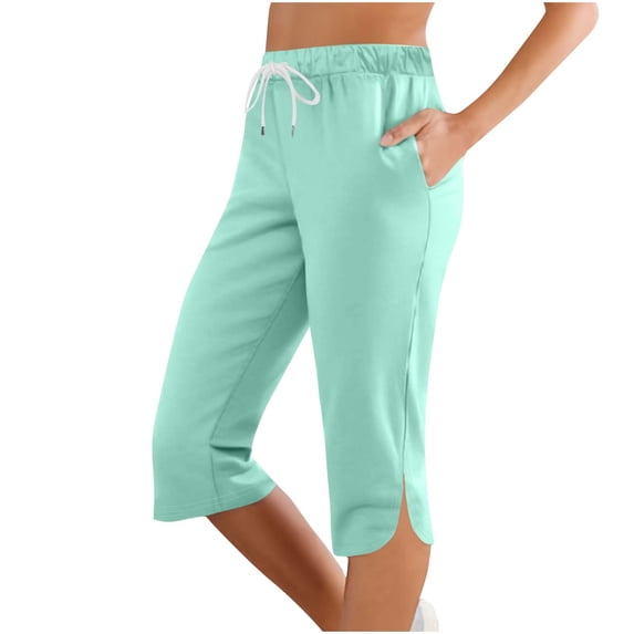 UAMVSH Capri Pants for Women Trendy Side Slit Work Lounge Cropped Pants with Pockets Basic Drawstring Elastic Waist Casual Athletic Capris