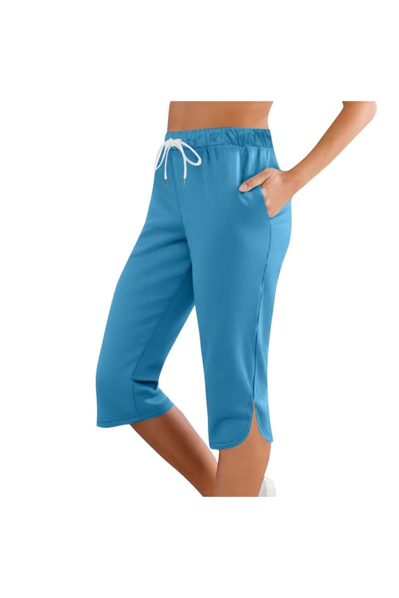 Capri Pants for Women Trendy Side Slit Work Lounge Cropped Pants with Pockets Basic Drawstring Elastic Waist Casual Athletic Capris