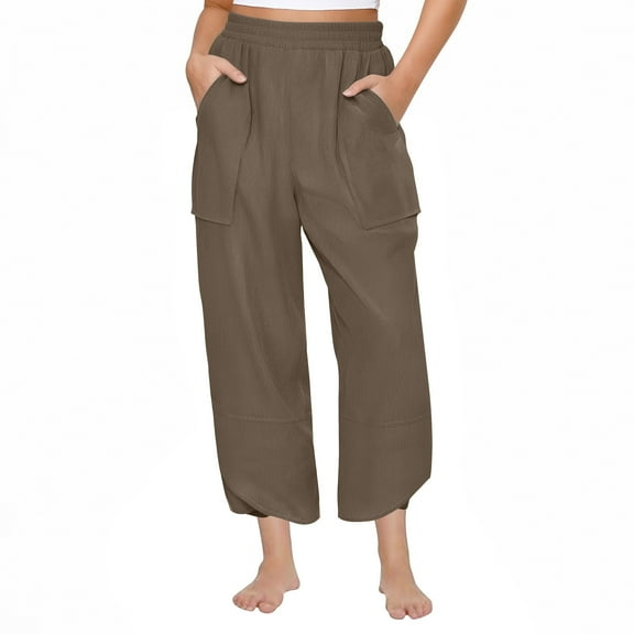 UAMVSH Capri Pants for Women Trendy Tulip Hem Corduroy Capris Comfy Slack Elastic Waist Solid Color Cropped Pants with Pockets