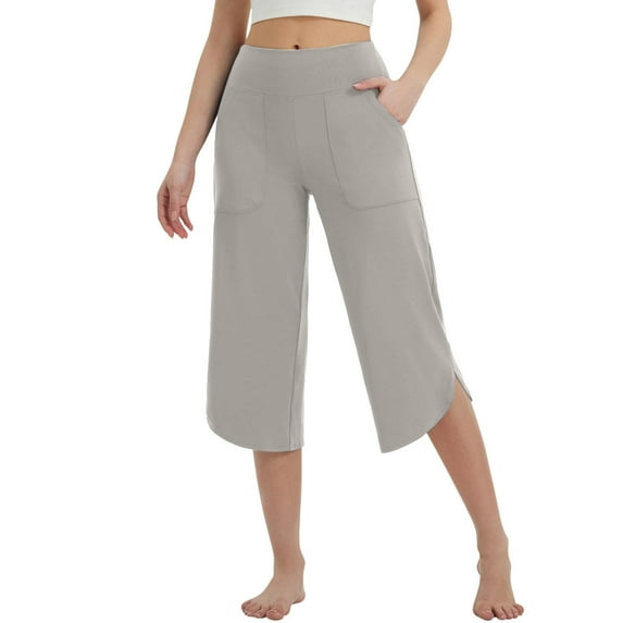 UAMVSH Capri Sweatpants for Women Side Slit Gym Yoga Athletic Cropped Pants Soft Wide Leg High Waist Pockets Workout Pants