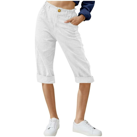 UAMVSH Capris for Women Cotton Linen Trendy Cuffed Hem Capri Pants With Pockets Elastic Waist Wide Leg Cropped Pants