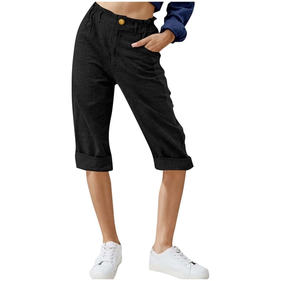 UAMVSH Capris for Women Cotton Linen Trendy Cuffed Hem Capri Pants With Pockets Elastic Waist Wide Leg Cropped Pants