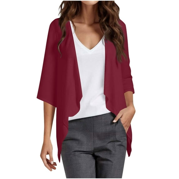 UAMVSH Cardigan Jackets for Women 3/4 Sleeve Open Front Trendy Draped Ruffles Chiffon Outerwear Mesh Shrug Shawl Collar Coats(X-Large,Red)
