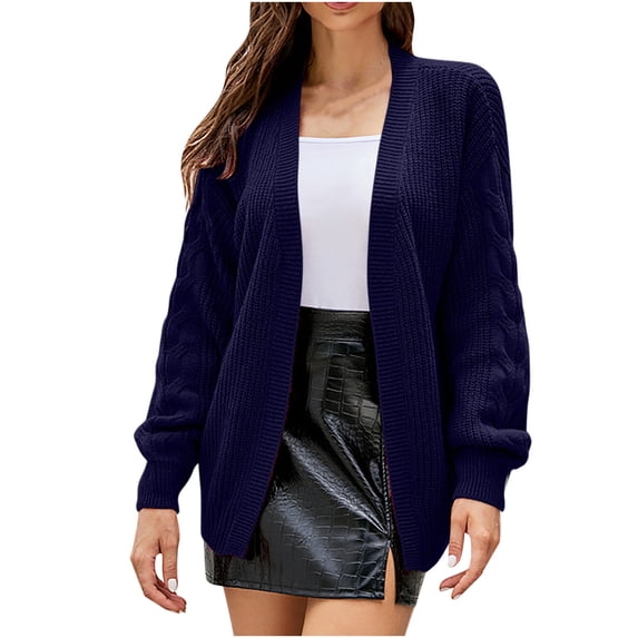 UAMVSH Cardigan Sweaters for Women Casual Open Front Long Sleeve Outerwear Trendy Cable Knitted Solid Color Sweater Jackets(Large,Navy)