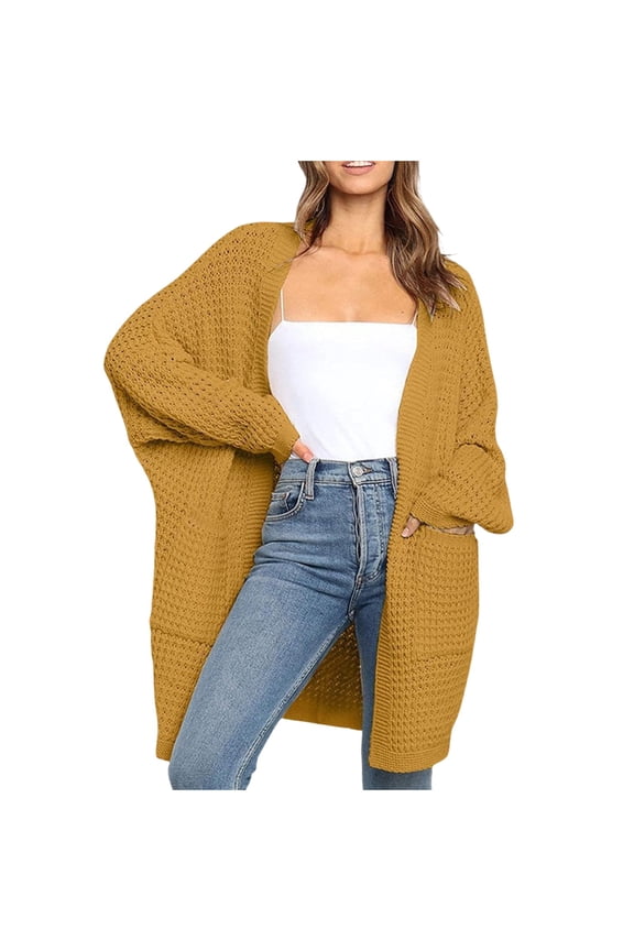 Cardigan Sweaters for Women Long Lantern Sleeve Open Front Crochet Knitwear with Pockets Fall Lightweight Long Overcoats(X-Large,Yellow)