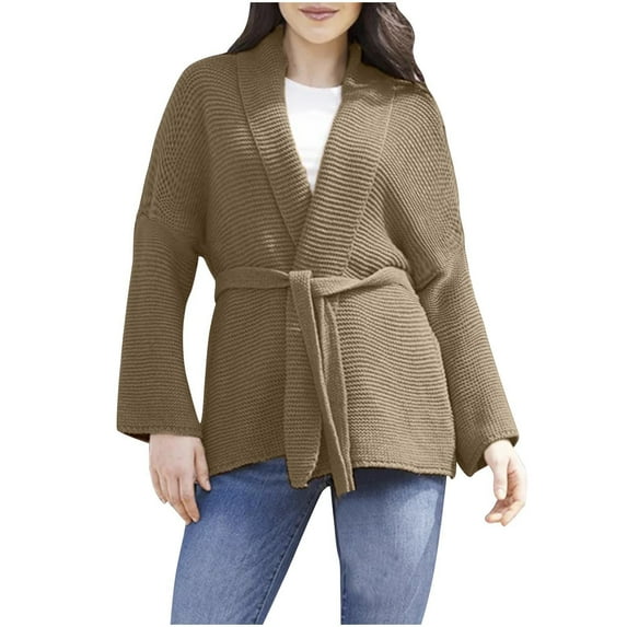 UAMVSH Cardigan Sweaters for Women Trendy Shawl Collar Open Front Cable Knitted Coats Long Sleeve Kimono Outerwear with Belt(Medium,Khaki)