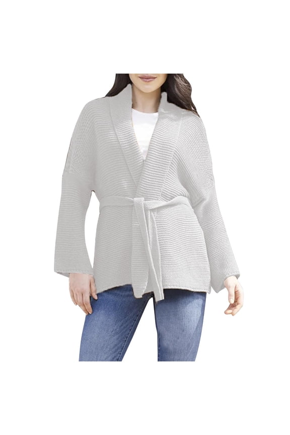 Cardigan Sweaters for Women Trendy Shawl Collar Open Front Cable Knitted Coats Long Sleeve Kimono Outerwear with Belt(Small,White)