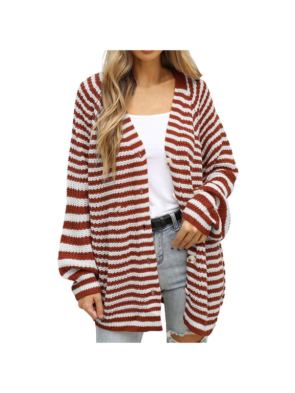 Cardigans for Women Fashion Stripe Printed Long Sweater Outerwear Long Sleeve Button down Fall Lightweight Coats Ladies Outfits(Medium,Brown)
