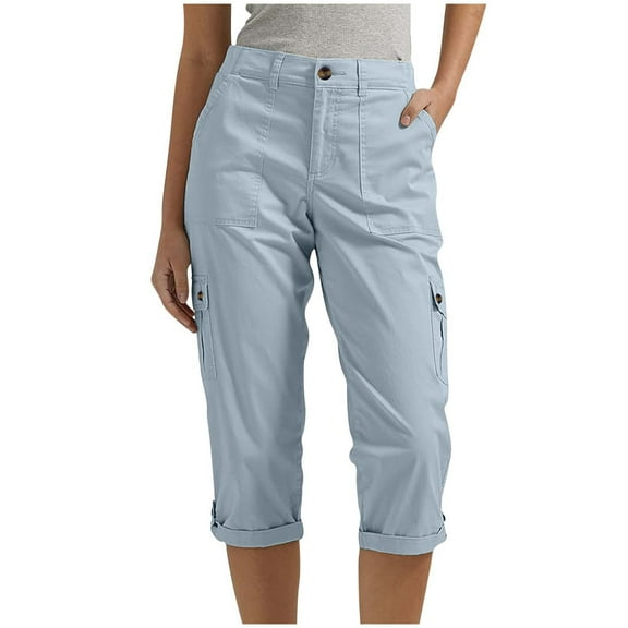 UAMVSH Cargo Capri Pants for Women Trendy Pockets Cuffed Hem Chino Capris Soft Summer Hiking Outdoor Athletic Lounge Cropped Pants
