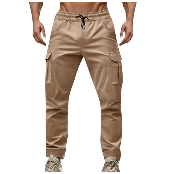UAMVSH Cargo Pants for Men Elastic Waist Drawstring Straight Leg Pants with Pockets Casual Outdoor Travel Camping Active Pants(X-LargeKhaki)