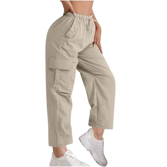 UAMVSH Cargo Pants for Women Lightweight Hiking Athletic Long Pants with Pockets Elastic Waist Drawstring Ankle Length Pants