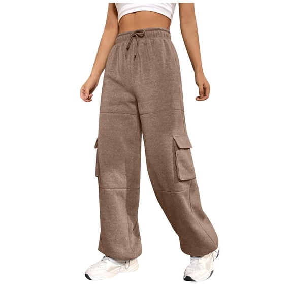 UAMVSH Cargo Pants for Women Side Pockets Comfy Running Workout Sweatpants Wide Leg Elastic Waist Drawstring Long Pants