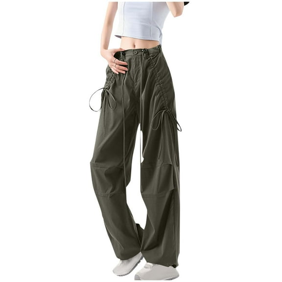 UAMVSH Cargo Pants for Women Soft Hiking Workout Drawstring Chino Pants with Pockets Baggy Outdoor Athletic Wide Leg Twill Pants(X-Large,Army Green)