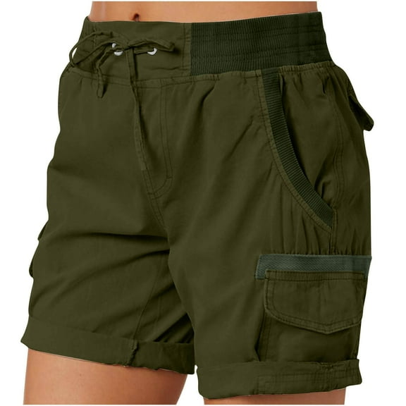 UAMVSH Cargo Shorts for Women Drawstring Stretch Hiking Shorts with Pockets High Waist Wide Leg Outdoor Shorts with Cuffed Hem