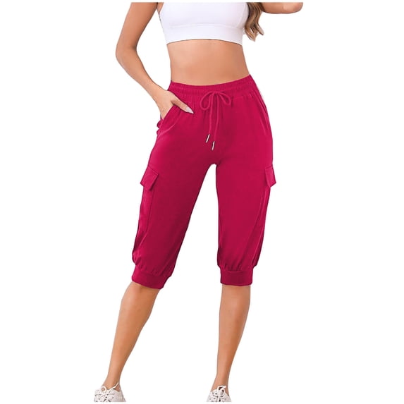 UAMVSH Cargo Shorts for Women Elastic Waist Joggers Long Shorts Drawstring Knee Length Casual Capri Pants with Pockets
