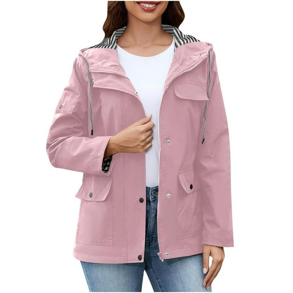UAMVSH Casual Jackets for Women Zip Up Striped Lined Patchwork Hooded Coat Trendy Hiking Travel Outwear with Pockets