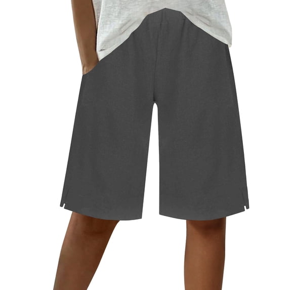 UAMVSH Casual Shorts for Women Basic Elastic Waist Knee Length Shorts Soft Side Slit Straight Leg Capri Pants with Pockets