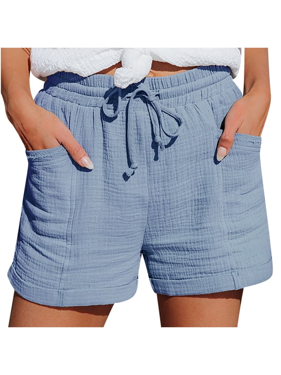 Casual Shorts for Women Cotton Linen Soft Shorts with Cuffed Hem Pockets Drawstring Elastic Waist Ladies Shorts