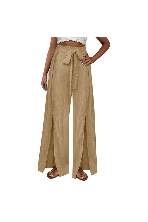 Casual Wide Leg Pants for Women Palazzo Baggy High Waisted Tie Knot Stylish Flowy Pants Fashion Boho Split Front Beach Pants(Large,Beige)