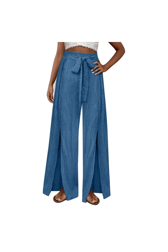 Casual Wide Leg Pants for Women Palazzo Baggy High Waisted Tie Knot Stylish Flowy Pants Fashion Boho Split Front Beach Pants(Medium,Blue)