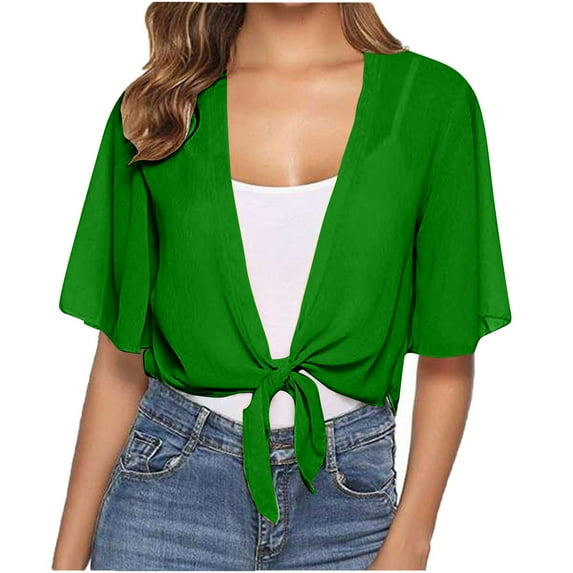 UAMVSH Chiffon Cardigans for Women Elegant Mesh Vacation Travel Coats Open Front Shawl Collar Jackets Shorts Sleeve Tie Knot Bolero(Large,Green)