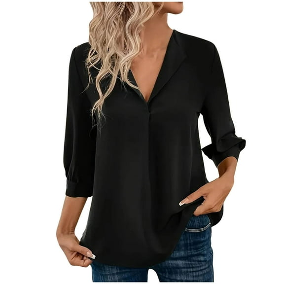 UAMVSH Chiffon Shirts for Women Elegant Business Tunic Tops Trendy Pleated Front 3/4 Sleeve V-Neck Office Work Dressy Blouses(X-Large,Black)